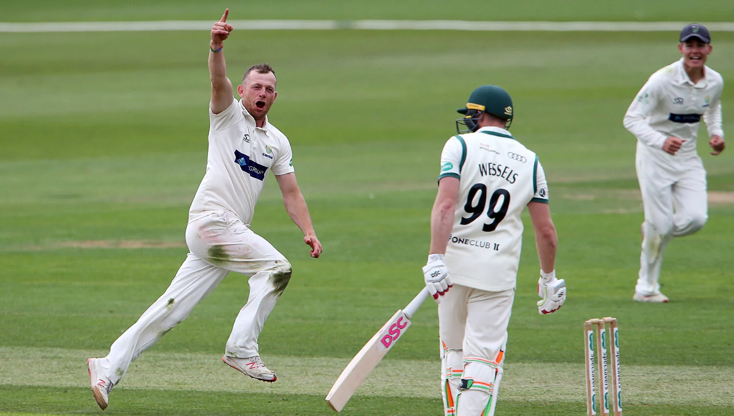 Graham wagg of glamorgan celebrates taking wicket of riki wessels